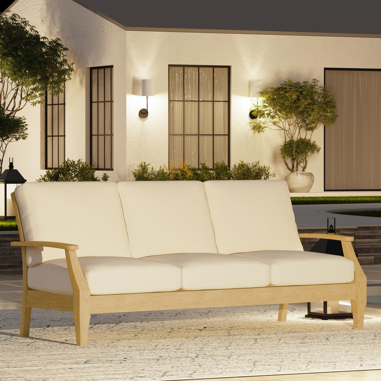 SAFAVIEH Couture Patio Martinique Natural and White Wood Outdoor Sofa, Natural/White SAFAVIEH