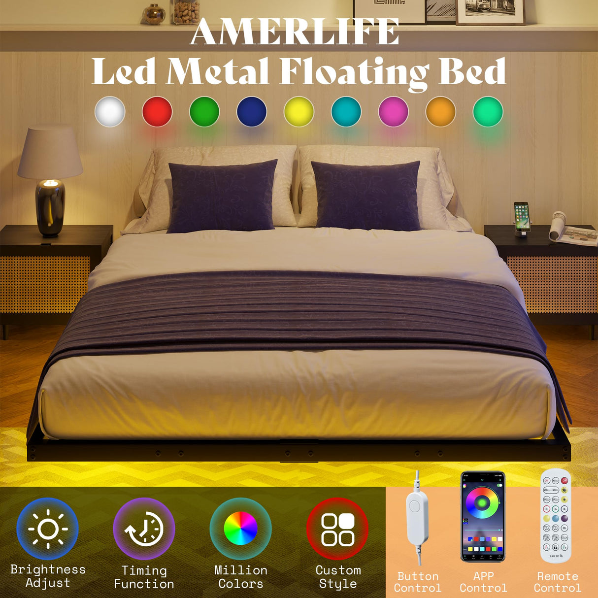 AMERLIFE Queen Size Floating Bed Frame with LED Lights - Heavy Duty Metal Platform, No Box Spring Needed, Noise Free in Black AMERLIFE