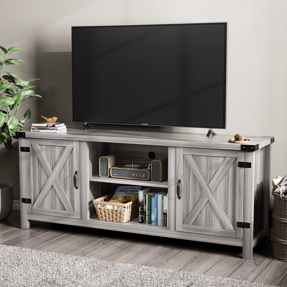 YESHOMY Modern Farmhouse TV Stand with Two Barn Doors and Storage Cabinets for Televisions up to 65+ Inch, Entertainment Center Console Table, Media Furniture for Living Room, 58 Inch, Gray Wash YESHOMY