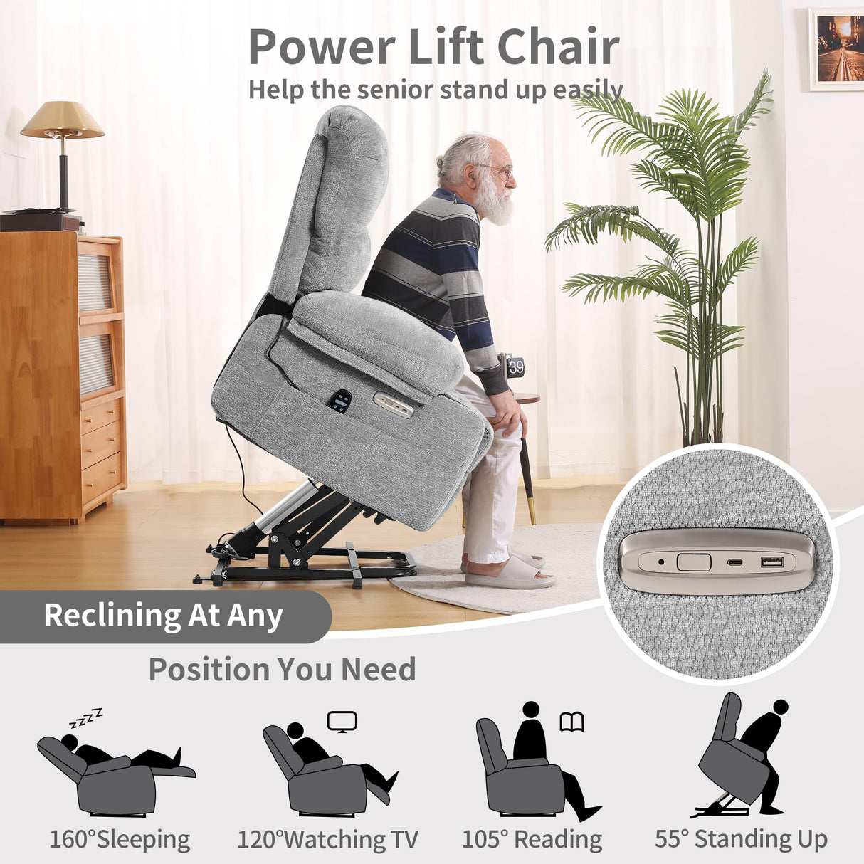 DURASPACE Power Lift Recliner Electric Lift Massage Recliner Chairs with Heat, Large Shell Velvet Backrest Lift Chair Recliners for Elderly, Seniors (Gray) DURASPACE