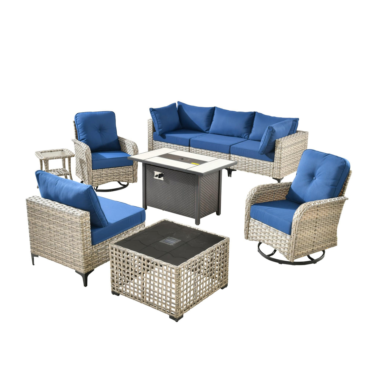 OOBOLT Outdoor Patio Furniture Sets,9 PCS Patio Conversation Set Outside Rattan Sectional Sofa with 42 in Fire Pit Table Wicker Rocking Chair Coffee Table Fit Backyard Porch Garden Poolside Balcony OOBOLT