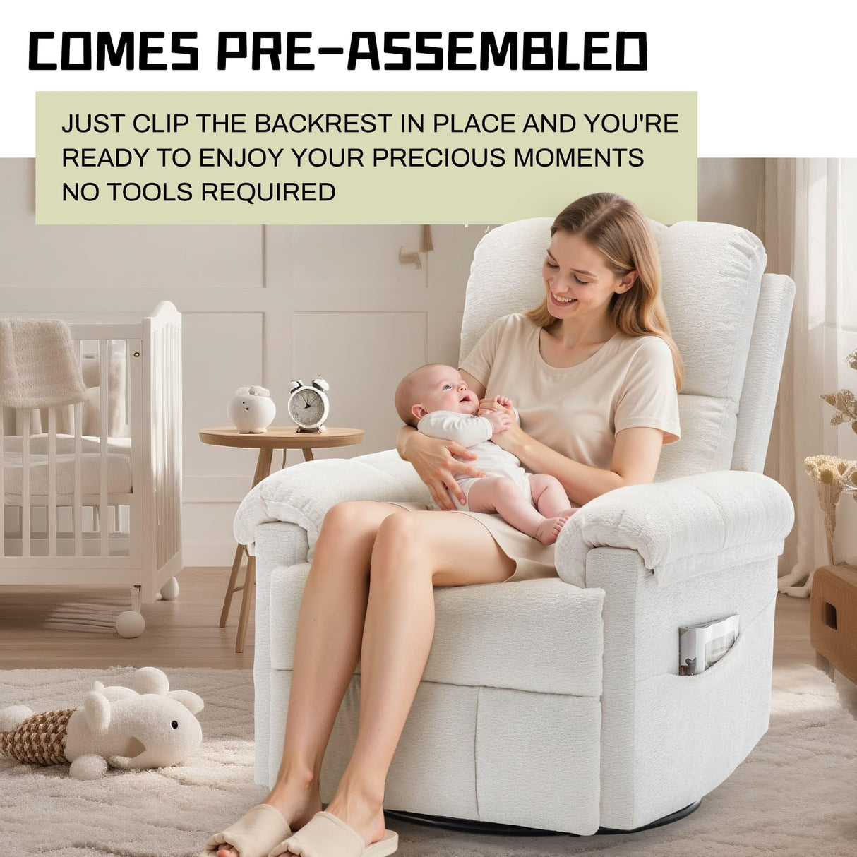 Korser Recliner Chair, Swivel Rocker Recliner Chair for Adults, Small Recliners for Small Spaces, Upholstered Manual Recliner with Side Pockets, Nursery Rocking Chair for Living Room, Chenille, Beige Korser