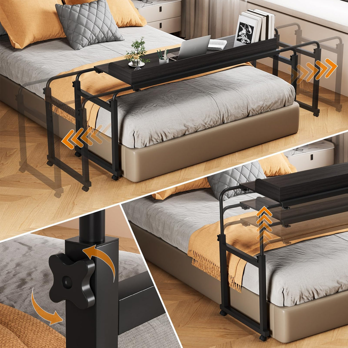 nawoefii Overbed Table, Over Bed Table with Wheels Adjustable Height, Bed Laptop Desk, King Queen Size Over The Bed Table with Wheels, Metal Leg, for Home Office Bedroom Hospital Black Baffle-120x40 nawoefii