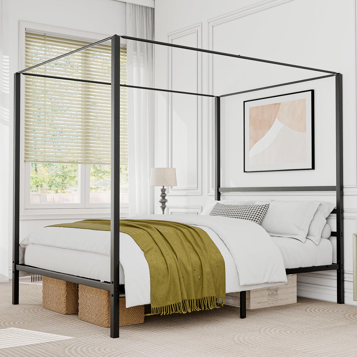 SUPER DEAL Metal Canopy Bed Frame Queen Size Four Poster Bedframe with Built-in Headboard 14 Inch Platform Mattress Foundation Sturdy Slatted Structure No Box Spring Needed Easy Assembly, Black SUPER DEAL