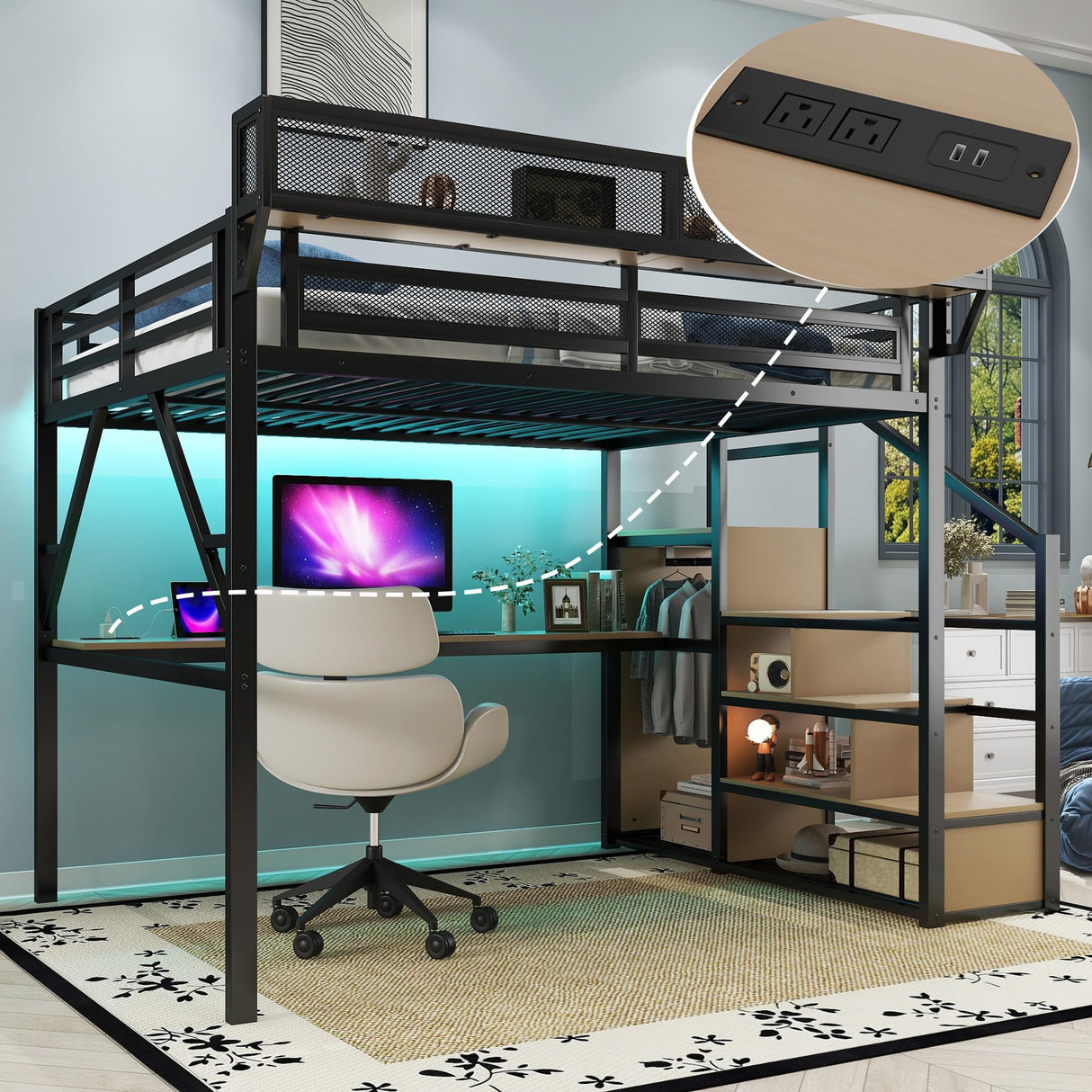 MoproBeti Queen Size Loft Bed with Stairs and Desk, Metal Lofts Bed Queen with Upper Storage Shelf, Gaming LoftBed with LED, Charging Station and Wardrobe for Teens, Adults,Black MoproBeti