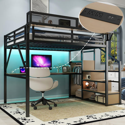 MoproBeti Queen Size Loft Bed with Stairs and Desk, Metal Lofts Bed Queen with Upper Storage Shelf, Gaming LoftBed with LED, Charging Station and Wardrobe for Teens, Adults,Black