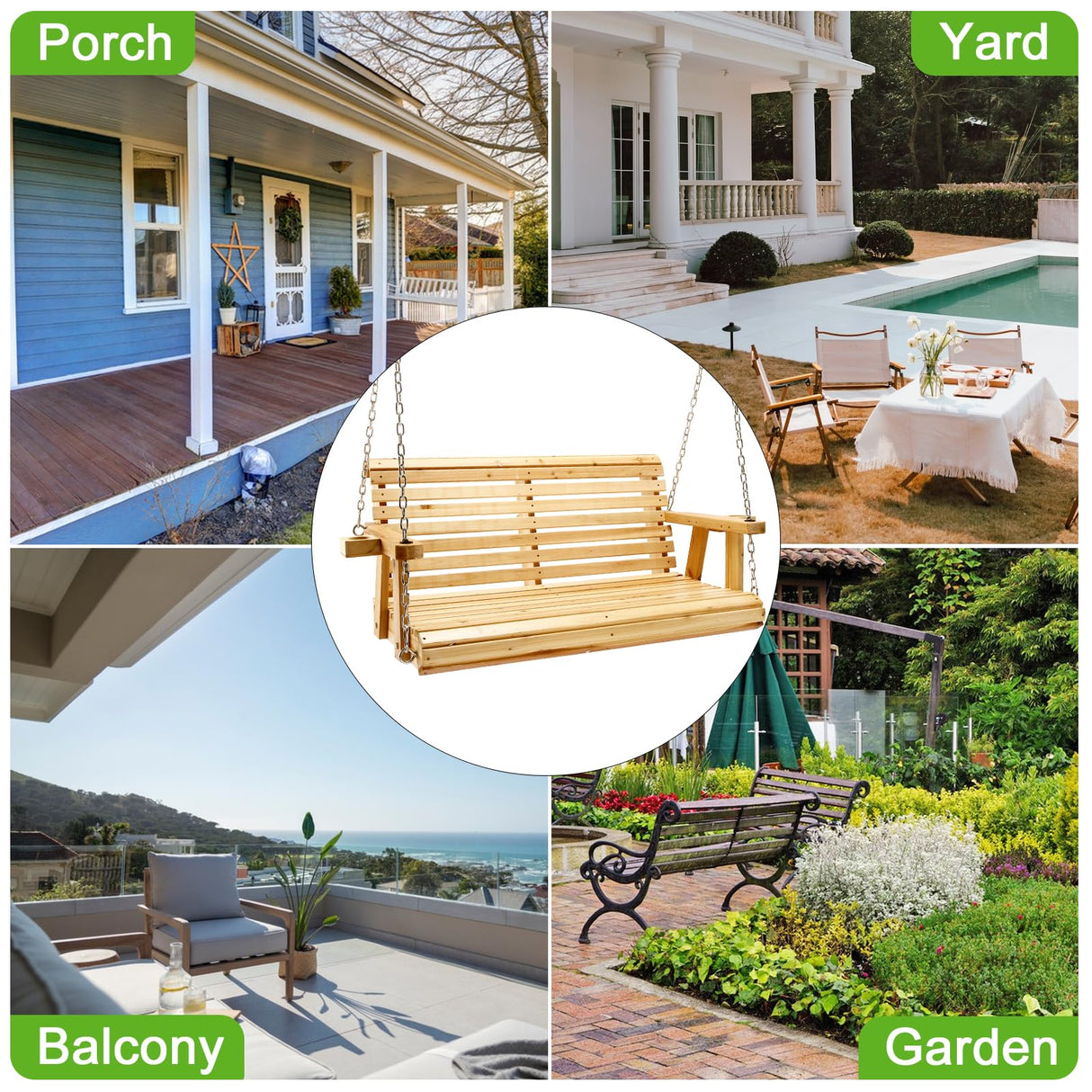 Kybolt Wooden Porch Swing with Hanging Chain,2-Seater Patio Swing Chair with Cup Holders,Outdoor Swing Bench for Porch Courtyard Garden Balcony KYBOLT