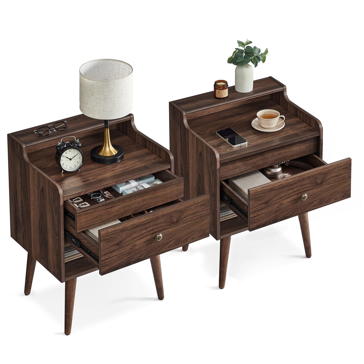 VASAGLE Nightstands, Set of 2, Bedside Tables with Hidden Drawers, Mid-Century End Tables with Solid Wood Legs, Side Tables for Bedroom, Natural Walnut ULET624K01 VASAGLE