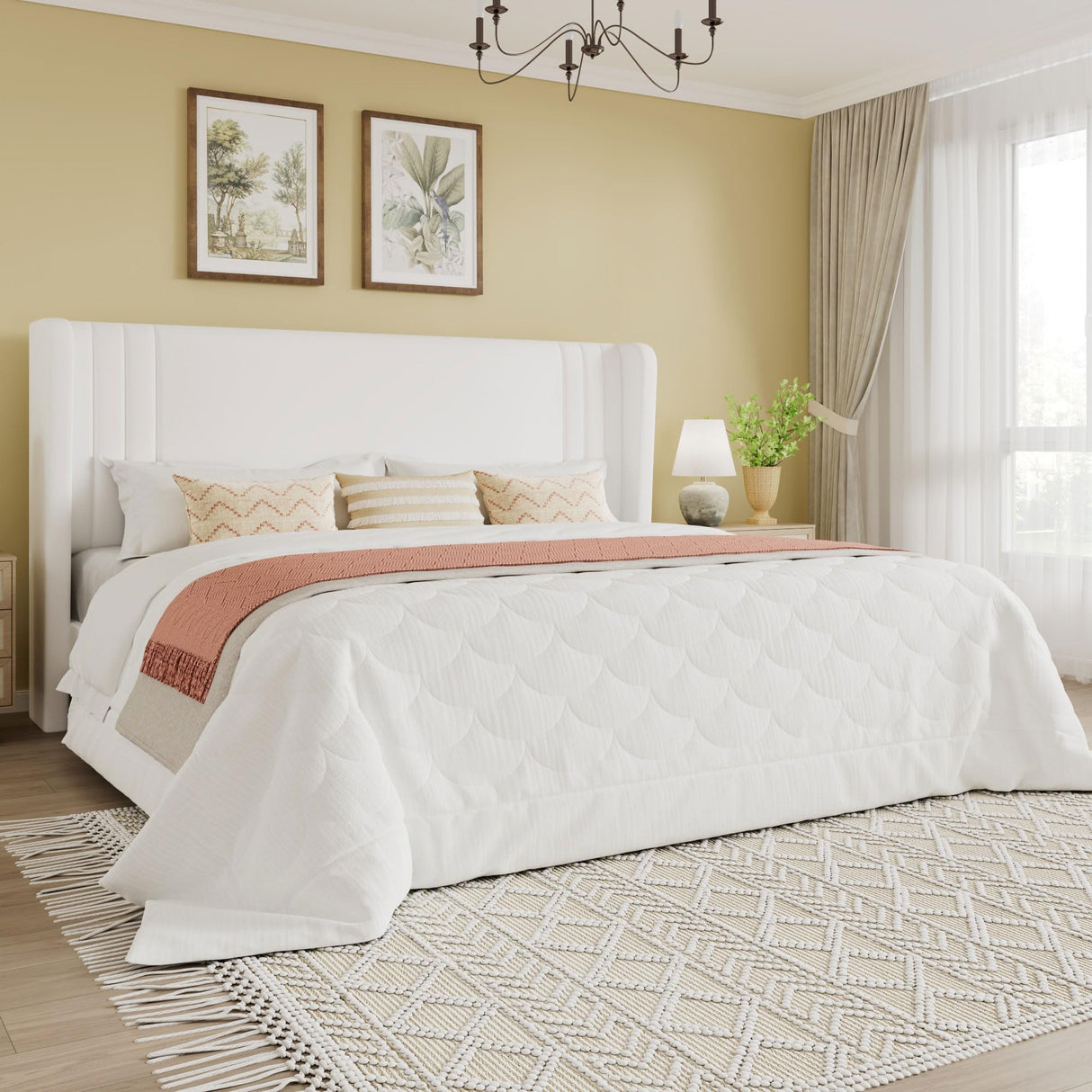 SHA CERLIN King Size Velvet Upholstered Platform Bed Frame with Vertical Channel Tufted Wingback Headboard, Wooden Slats Support, Easy Assembly, Under Bed Storage, No Box Spring Required, White SHA CERLIN