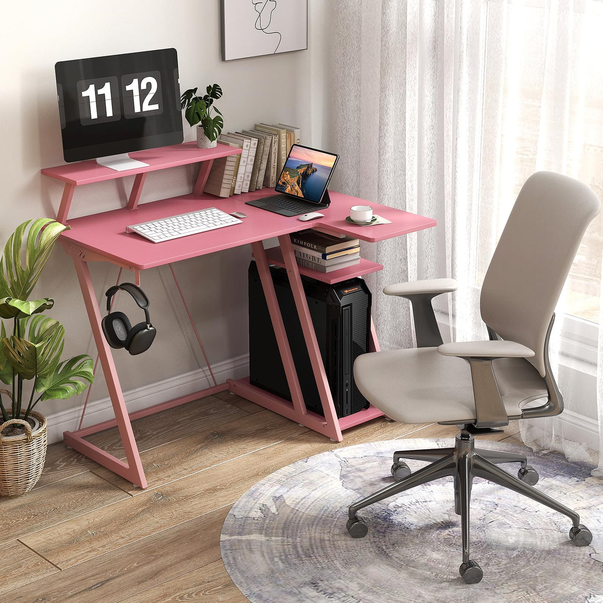 Tangkula L Shaped Gaming Desk with Power Outlets, Small Gaming Computer Desk 39inch with Storage Shelf, Corner Desk with Carbon Fiber Texture, Gamer Desk Gaming Table (Pink) Tangkula