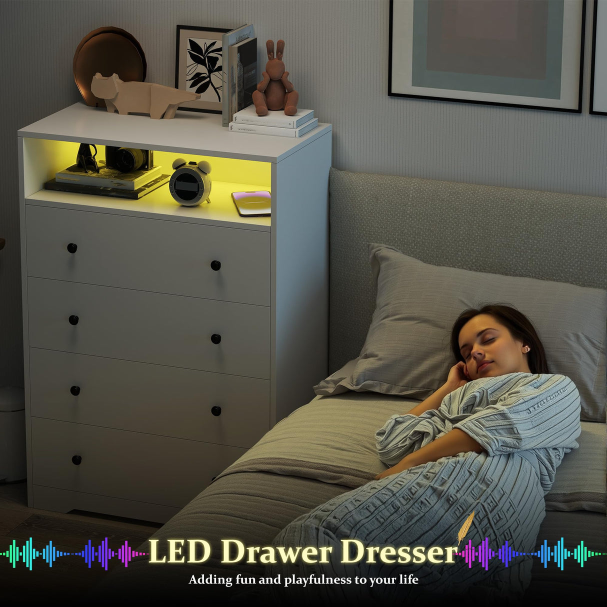 Homkdom White Dresser with LED Light, Tall Dresser with 4 Drawers & 1 Shelves, Chest of Drawers for Bedroom, Hallway, Entryway, 43.4" H x 27.6" W x15.8 D Homkdom