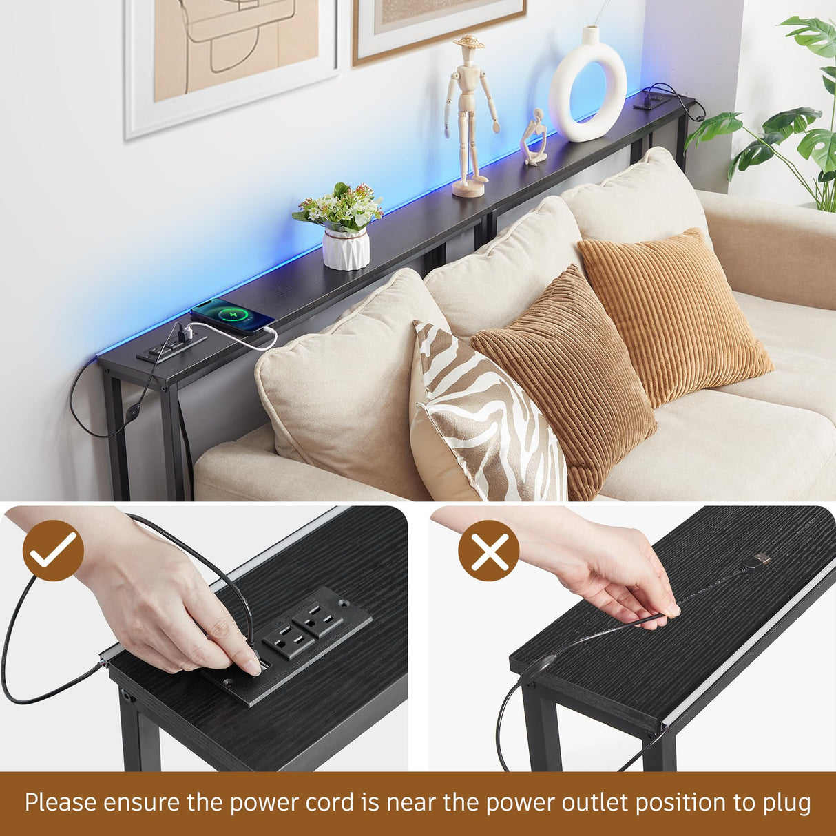 ELYKEN 2 Pack 5.9" Narrow Console Sofa Table with 7 Colors LED Light Strip, 5.9" Dx39.4”Wx31.1”H Long Behind Couch Table with Charge Station, Skinny Table Metal Frame 6.5’ Extension Cord ELYKEN