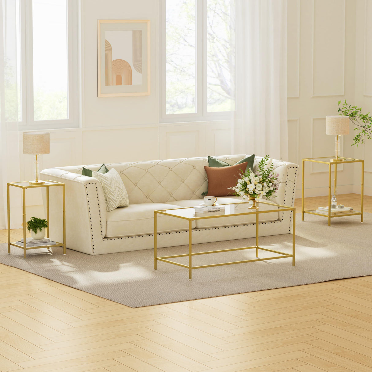Homleke Glass Coffee Table, Modern Rectangular Coffee Table for Living Room, Minimalist Center Tea Table with Sturdy Metal Frame for Apartment, Office, Easy Assembly, 39.4 x 19.7 x 17.7 Inches, Golden Homleke