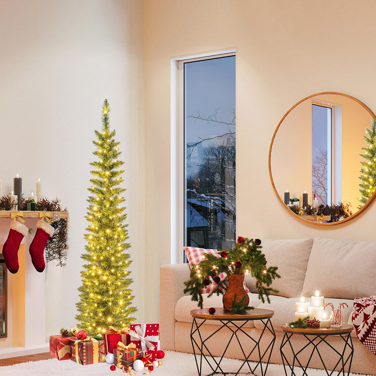 Goplus 5ft Pre-Lit Pencil Christmas Tree, Skinny Xmas Tree with 150 Warm-White LED Lights, 296 Branch Tips, Foldable Metal Stand, Artificial Slim Christmas Tree for Home Office Decoration Goplus