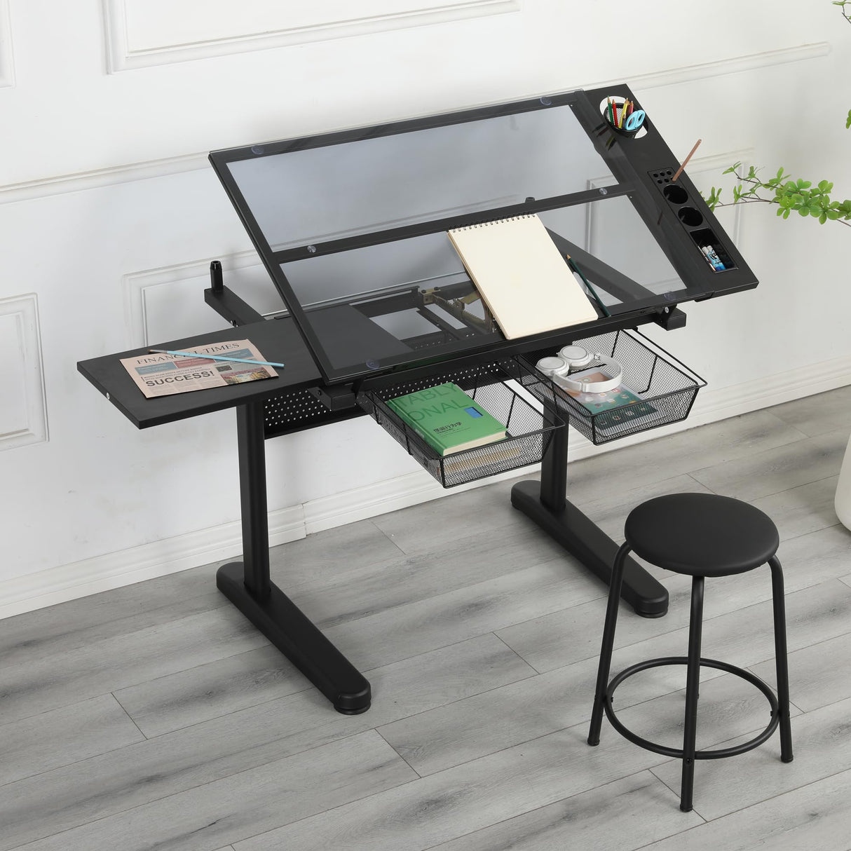 Lambgier Adjustable Tempered Glass Drafting Table - Art Desk Drawing Table, Black Upgraded Lambgier