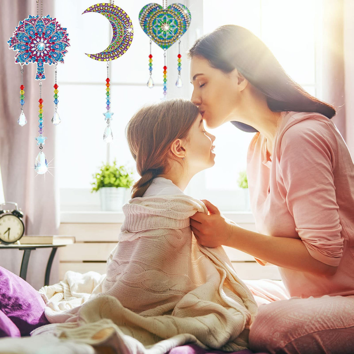 Jetec 3 Pieces Diamond Art Kits Painting Suncatcher Wind Chime Double Sided Crystal Gem Paint by Number Hanging Ornament for Adults DIY Window Home Garden(Moon, Heart, Mandala) Jetec