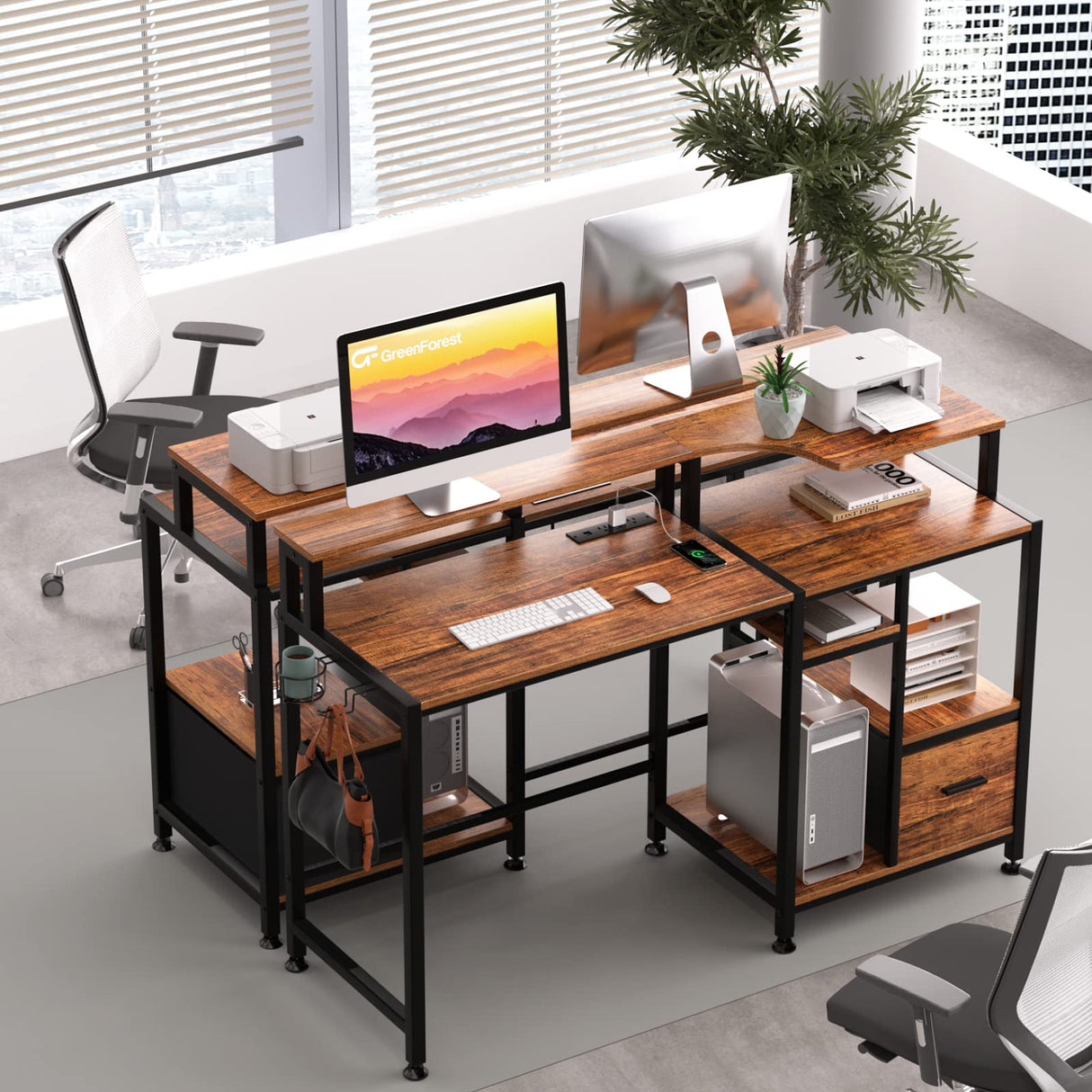 GreenForest Computer Desk with Drawers, Home Office Desk with Printer Shelf, 55 inches Desk with Storage, Writing Study Desk with Monitor Stand, Small Work Desk for Bedroom, Walnut GreenForest