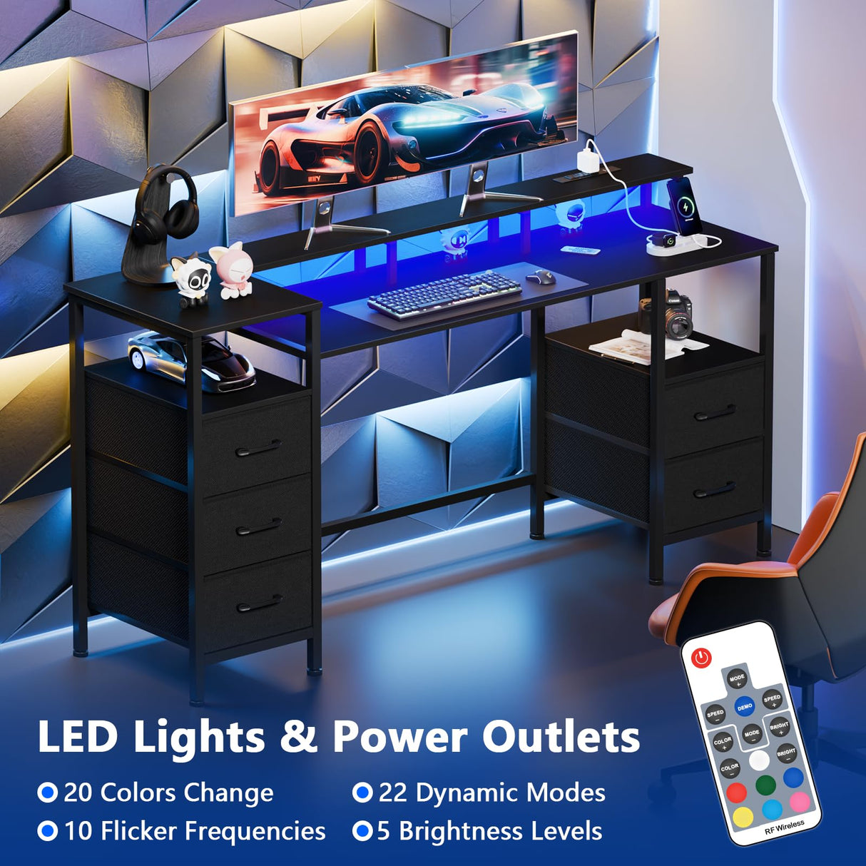 Korfile Computer Desk with Power Outlets & LED Lights, Gaming Desk with 5 Fabric Drawers for Bedroom, 55 Inch Home Office Desk with Monitor Stand & Storage Shelves for Working, Black Korfile