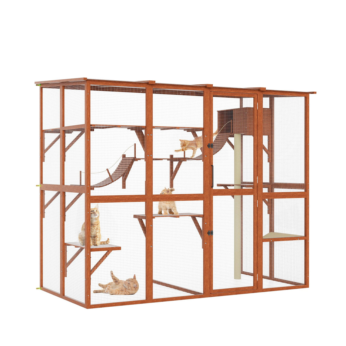 Large Walk-in Catio Wooden cat Houses for Multiple Outdoor Cats, Outdoor cat Enclosure with 4 Bridges & Transparent PVC Roof & sisal Scratcher, Kitty cat Condo Shelters (Orange) QUYZE