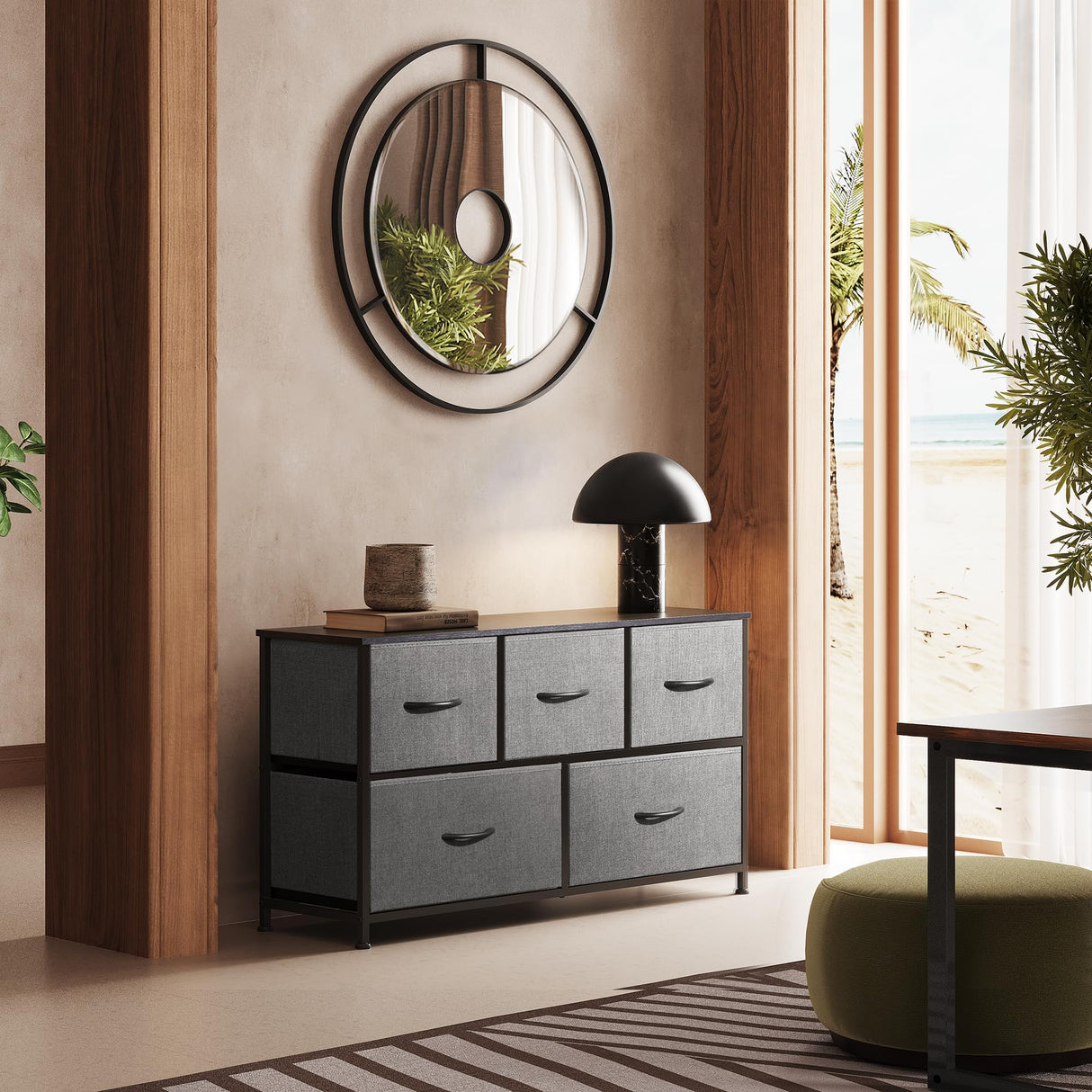 WLIVE Dresser for Bedroom with 5 Drawers, Wide Chest of Drawers, Fabric Dresser, Storage Organizer Unit with Fabric Bins for Closet, Living Room, Hallway, Dark Grey WLIVE