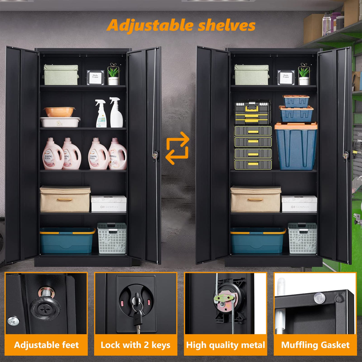 STANI Garage Storage Cabinet, Metal Storage Cabinet with 4 Adjustable Shelves, 71" Steel Lockable File Cabinet, Locking Steel Storage Cabinet for Office,Home,Garage,Gym,School STANI