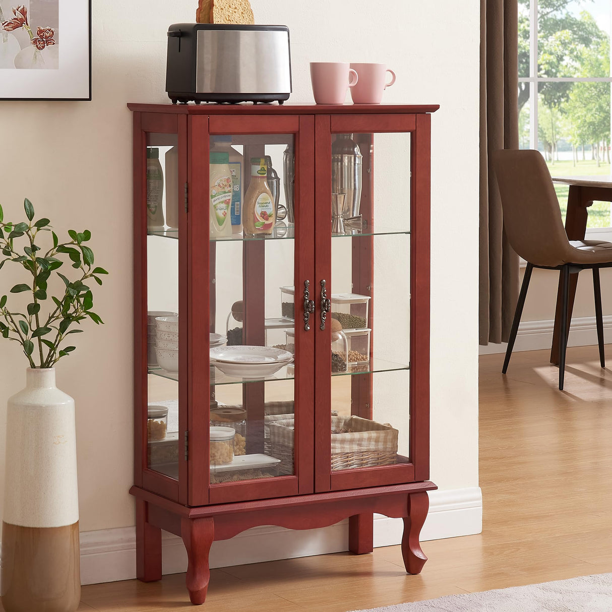 43"H Lighted Display Curio Cabinet, 3-Tier Glass Accent Storage Cabinet Curio Showcase w/ 2 Doors & Adjustable Shelves, Wine Artwork Storage Rack w/ Mirrored Back Panel for Living Room (Cherry) TRJQBCC