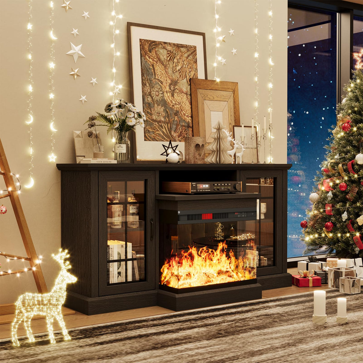 oneinmil Fireplace TV Stand with 3-Sided Glass, TV Cabinet for TVs up to 65", 59'' Modern Media Entertainment Center with Farmhouse Glass Door Storage Cabinets, for Living Room, Black oneinmil