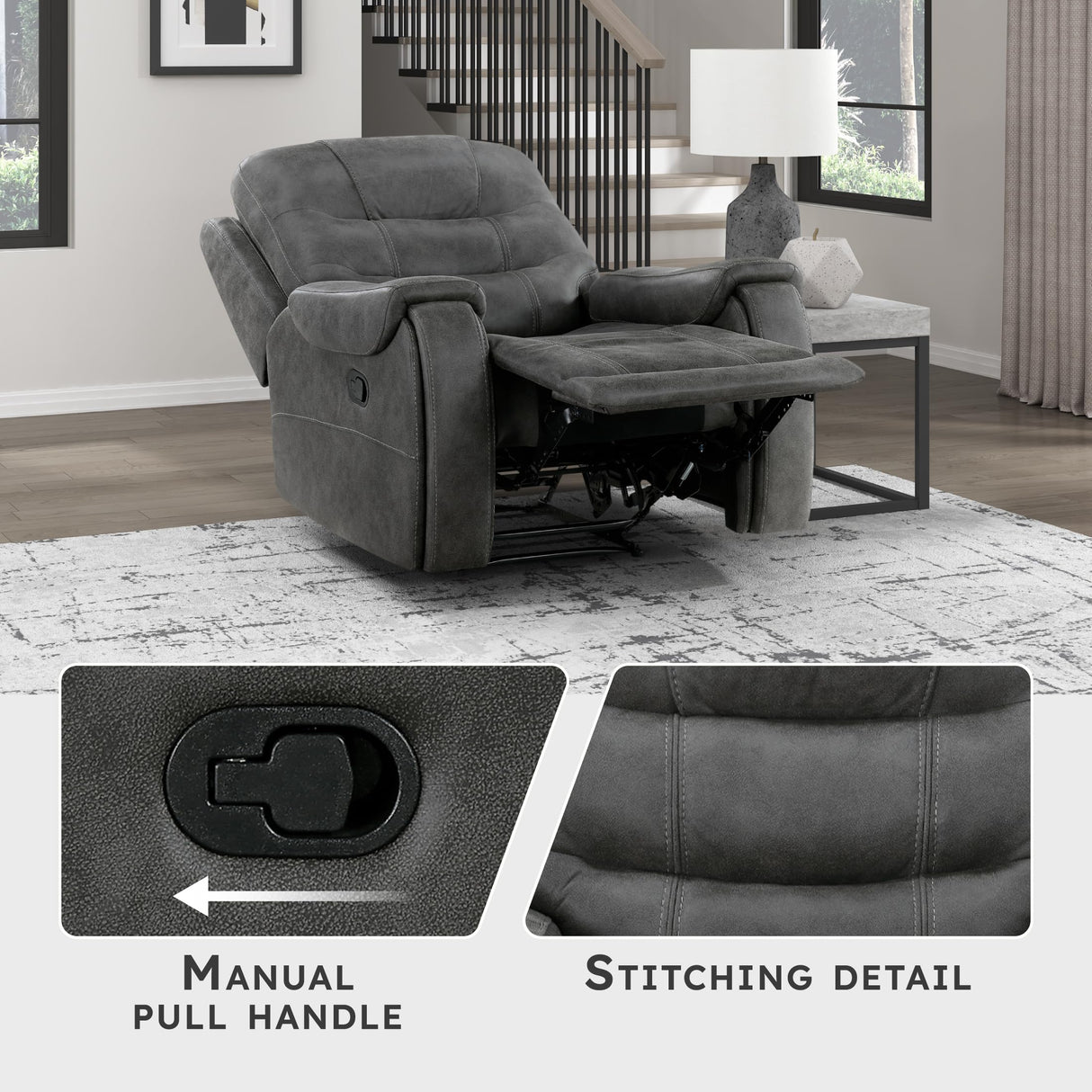 Lexicon Manual Recliner Chair, Home Theater Seating Recliner Armchair, Polished Microfiber Wall Hugger Manual Reclining Sofa Chair for Living Room/Office/Apartment, Dark Gray Lexicon