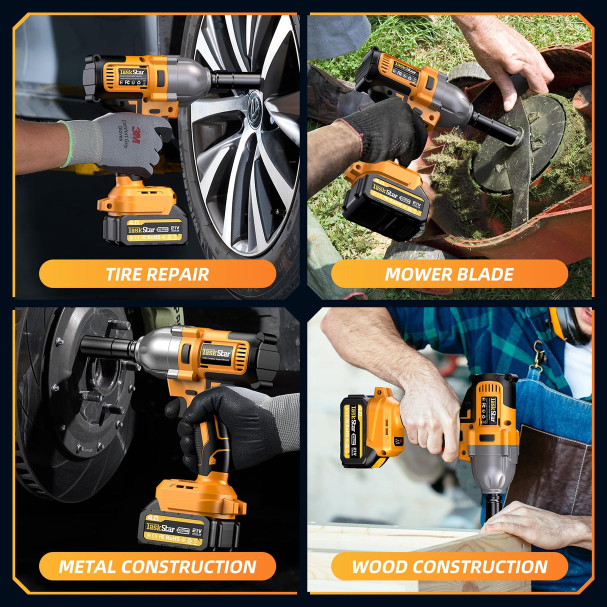 TaskStar Cordless Impact Wrench 1/2 Inch, 900N.m(664ft-lbs) High Torque Brushless Power Impact Gun, 21V 3300RPM Electric Impact Driver with 2x4.0Ah Battery & Fast Charger for Car Tires Truck TaskStar