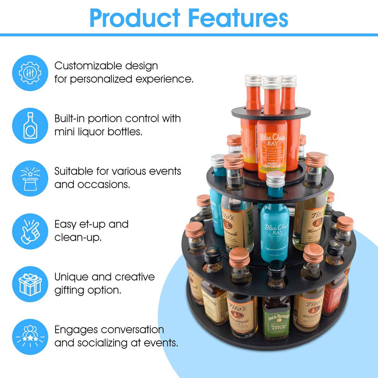 Shot Cake Party Display for Mini Liquor Bottles | 21st Birthday Holiday Celebration Decoration Centerpiece (Three Tier, Black) Shot Cake