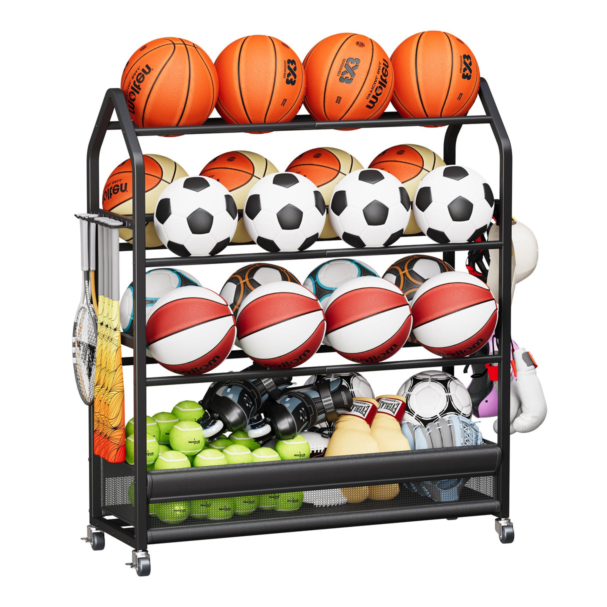 Homeiju Sports Equipment Organizer, Ball Storage Rack, Garage Sports Gear Rack with Wheels and Hooks, Indoor/Outdoor Shelf Rack for Sports Gear, Black Homeiju