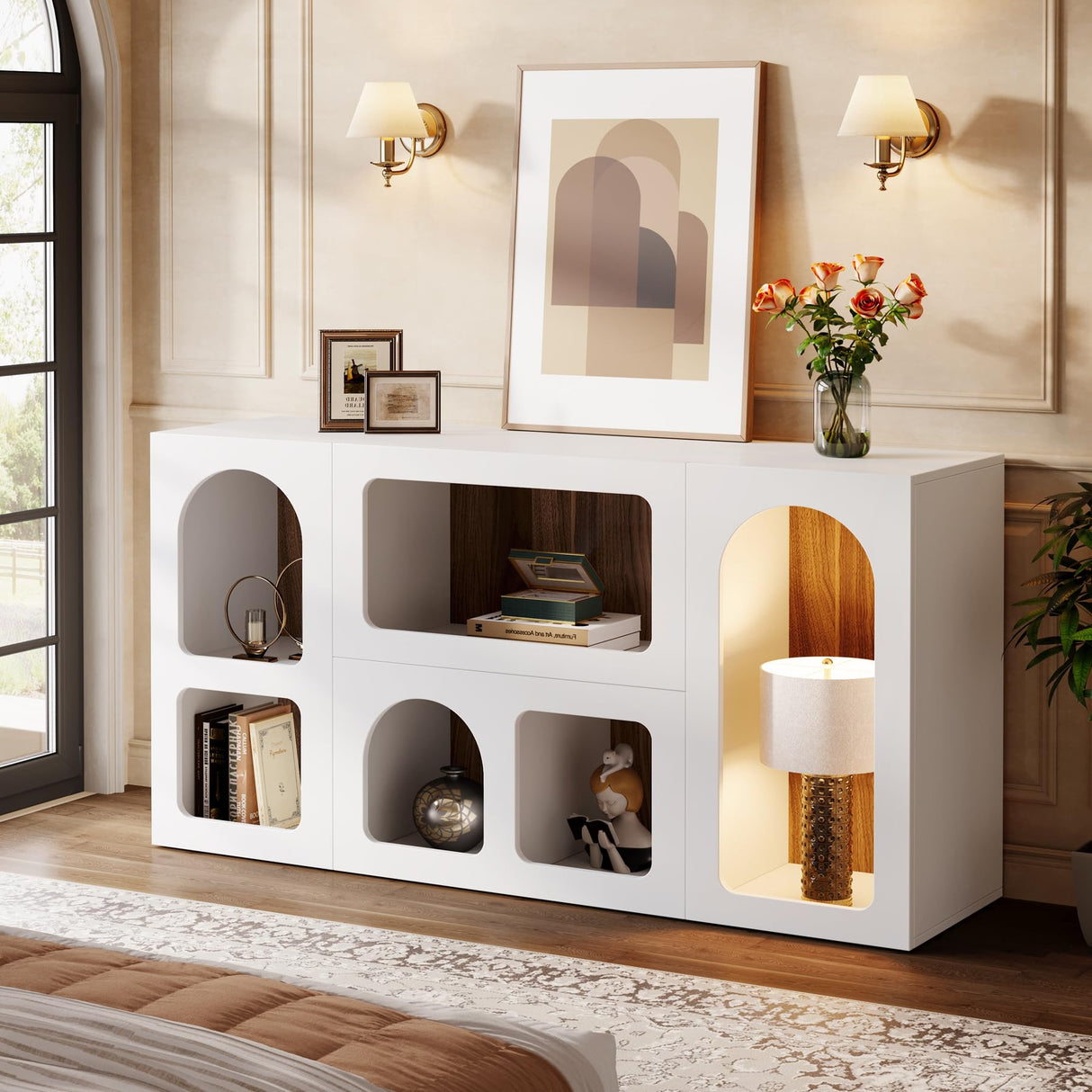 Tribesigns 59" White Console Table, Modern Entryway Table, Wooden Storage Organizer Entrance Table with 6 Compartments, Long Sofa Table, Behind Couch Table with Storage for Living Room, Hallway, Foyer Tribesigns