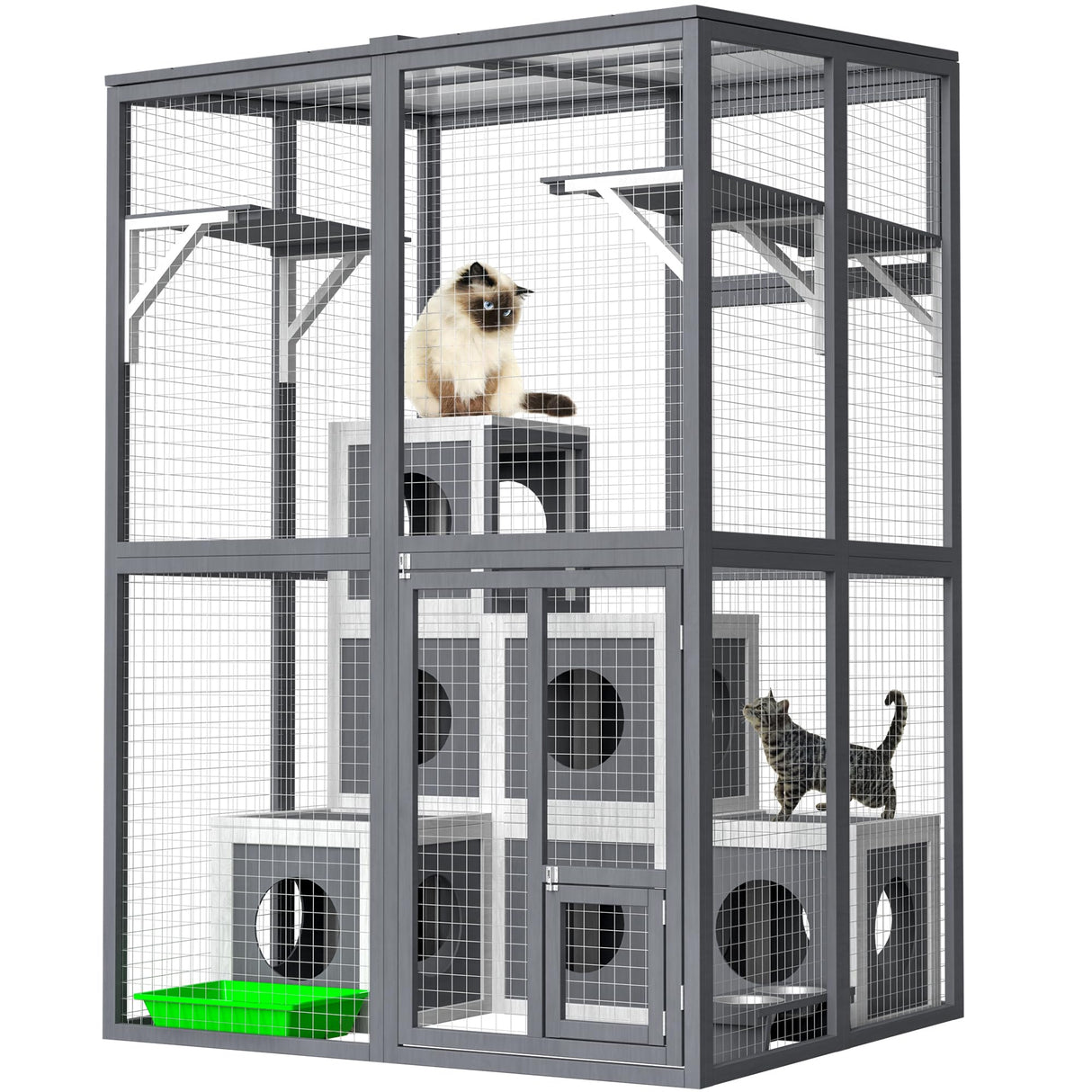 Linkhoo Large Wood Outdoor Catio Cat Enclosure with Weatherproof Roof and Food Bowl, Cat House Cage Playpen w/ 2 Jumping Platforms & 7 Napping Houses, Walk-in Kitty Kennel Indoor Condo Shelter, Grey LINKHOO