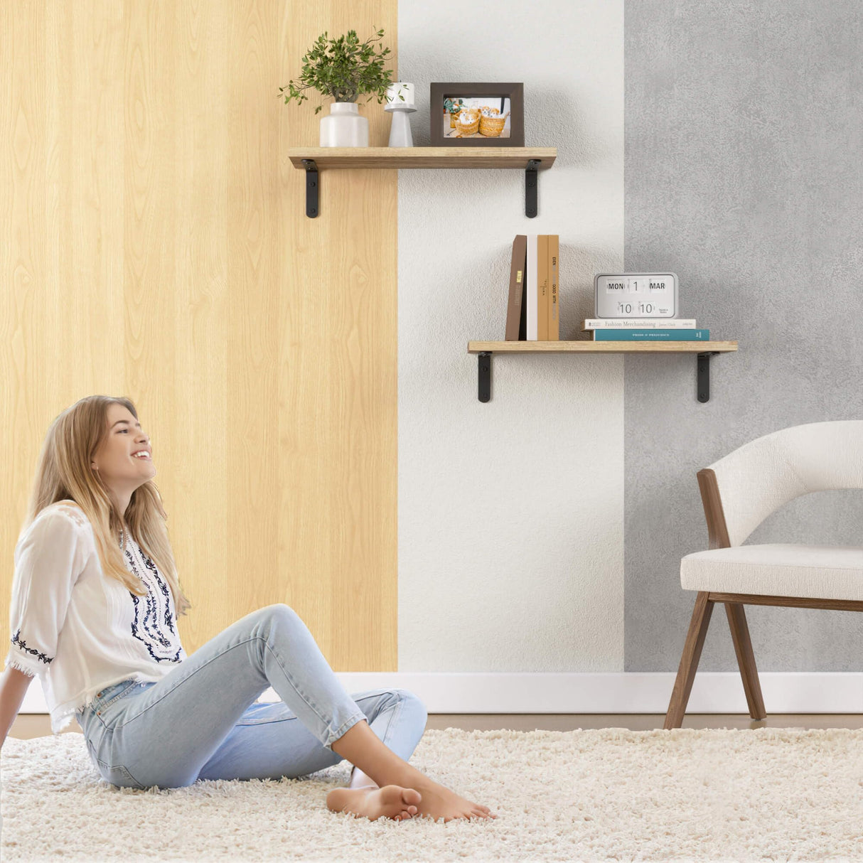 RICHER HOUSE Rustic Wood Shelves Set of 2, Farmhouse Style Floating Shelf for Wall Décor, Hanging Shelves for Bathroom, Bedroom, Storage, Kitchen, Living Room - Carbonized Black RICHER HOUSE