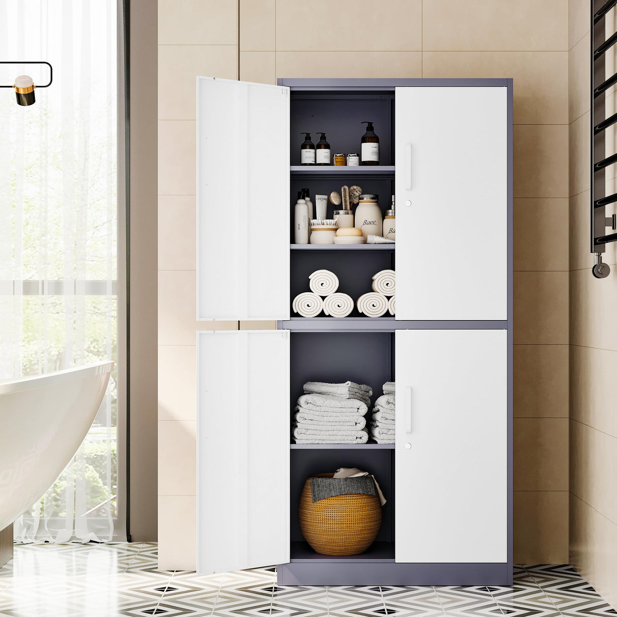 Fesbos 71” Metal Storage Cabinet-Lockable File Cabinet Garage Tool Cabinet with Doors and Shelves-Gray&White Steel Cabinet for Garage-Heavy Duty File Cabinet for Home, Office, Gym, Kitchen, School Fesbos