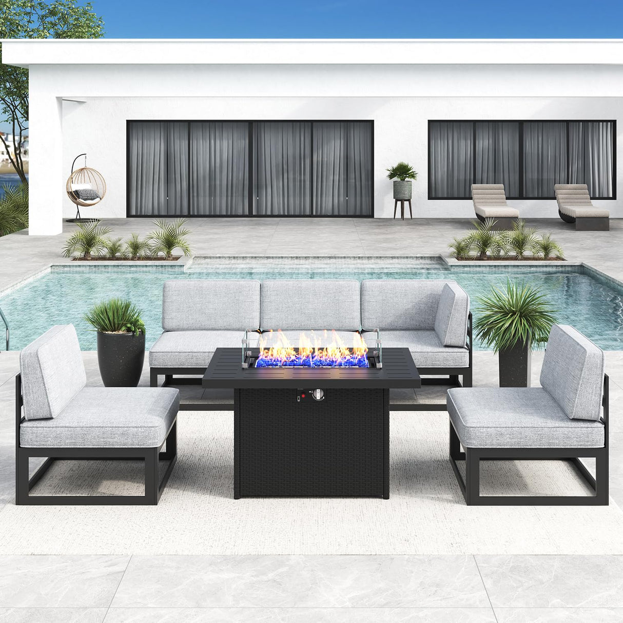 LayinSun Large Aluminum Patio Furniture Set with Fire Pit Table, 6 Pieces Modern Outdoor Conversation Set Sectional Metal Sofa Set with Olefin Cushion LayinSun