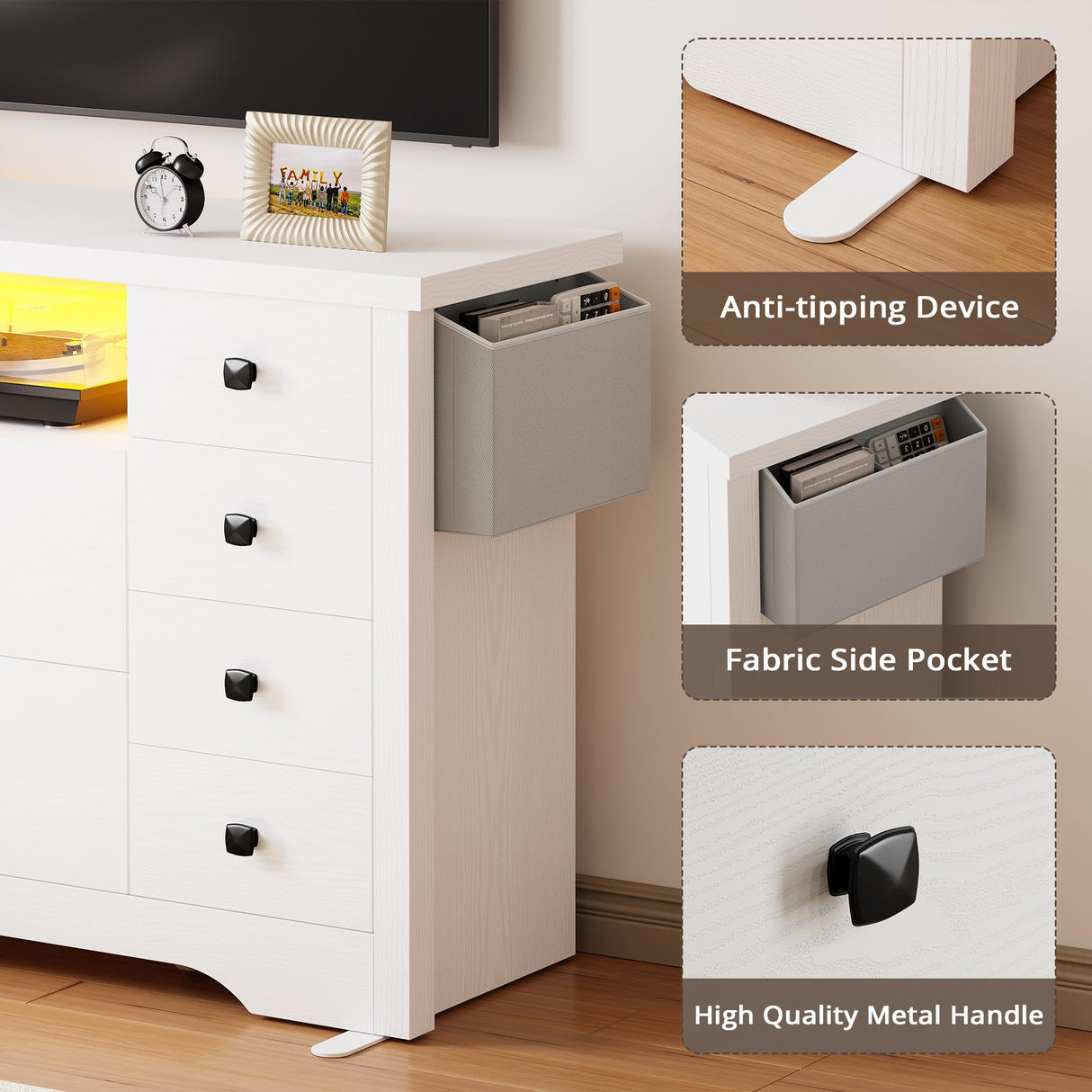 LIKIMIO Dresser with 10 Drawers, Bedroom Wooden Chest of Drawers with LED Lights and Power Outlets, Fabric Side Pocket, TV Stand for Living Room, White LIKIMIO