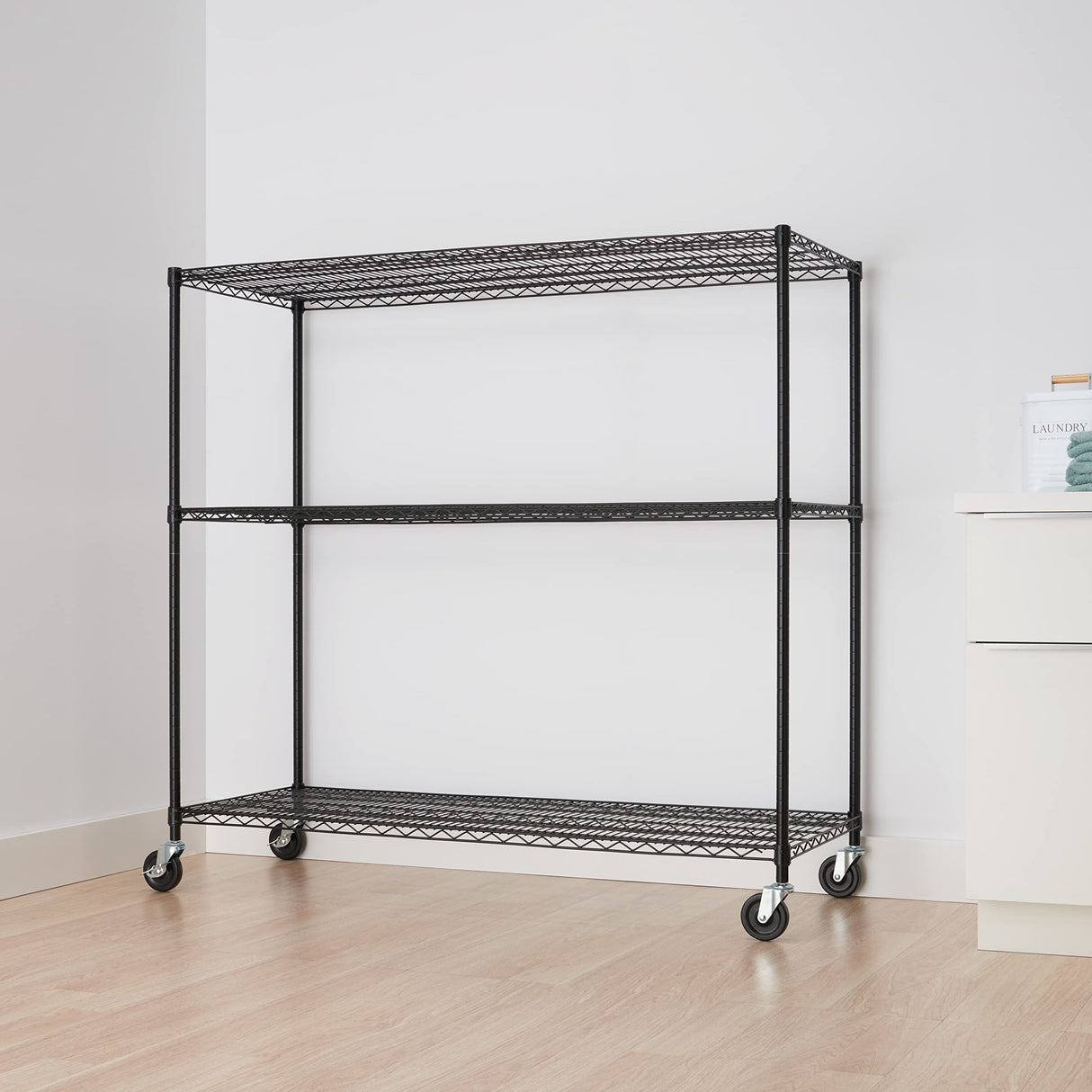 TRINITY Basics 3-Tier Adjustable Wire Shelving with Wheels for Kitchen Organization, Garage Storage, Laundry Room, NSF Certified, 600 to 1350 Pound Capacity, 60” by 24” by 54”, Black TRINITY
