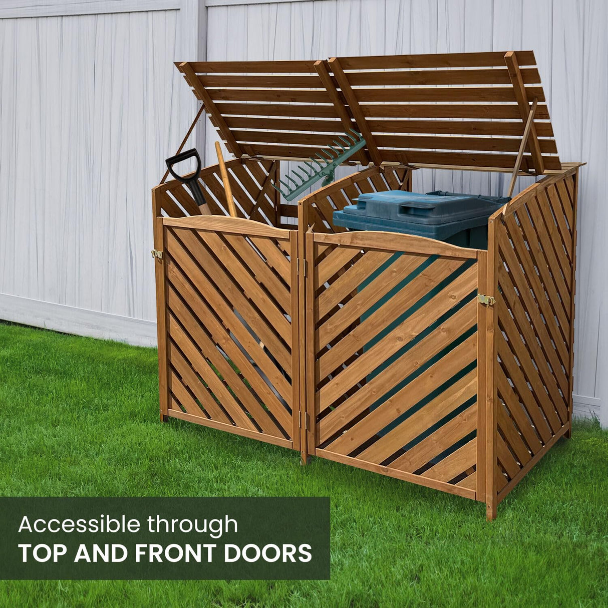 Hanover Outdoor 4.9-ft. x 4-ft. Wooden Trash Bin and Recyclables Storage Shed in Brown, Weather Resistant Trash Can Storage Container with Locking Latch for Lawn, Carport, Driveway Hanover