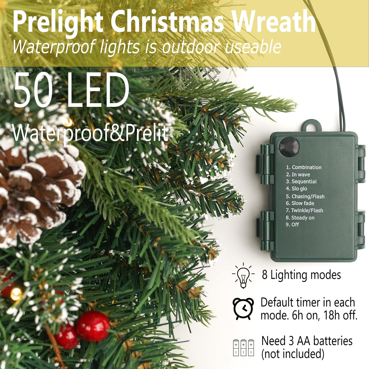 Christmas Wreath Snowy Pre-lit 24 inch with 50 Light & Pine Cone, Artificial Christmas Wreaths for Front Door with Lights, Wreath for Christmas Decoration Door Windows Wall Green HomeKaren