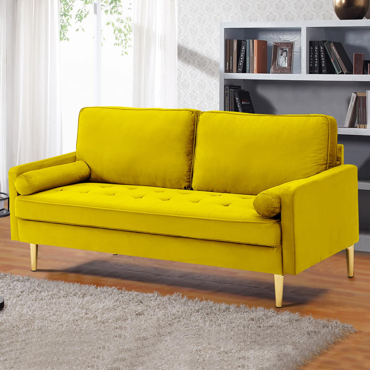 RXRRXY 67" Modern Velvet Loveseat Sofa Couch, Mid-Century Tufted Upholstered Small Love Seat Couch with 2 Pillows & 4 Golden Legs, 2-Seats Couches for Compact Space, Living Room, Apartment (Yellow) RXRRXY