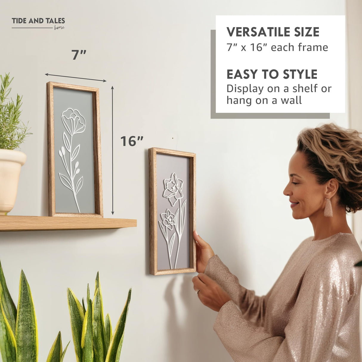 3D Wooden Floral Bathroom Wall Decor (Set of 4) Lightweight, Ready-to-Hang Framed Wall Art For Living Room, Bedroom, or Office - Premium Boho Botanical Farmhouse Decorations - Gift-Boxed Tide and Tales