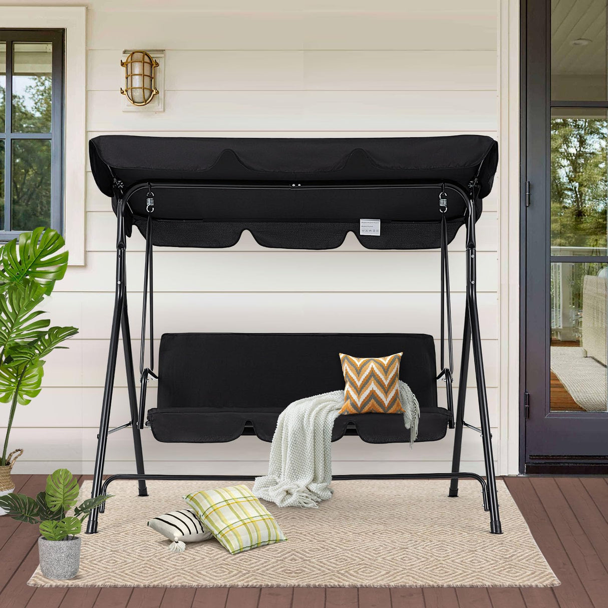 Esright Patio Swings Outdoor, 2-Seat Glider Porch Bench with Removable Cushion and Adjustable Shade, Swing Chairs for Garden, Poolside&Backyard, Black Esright