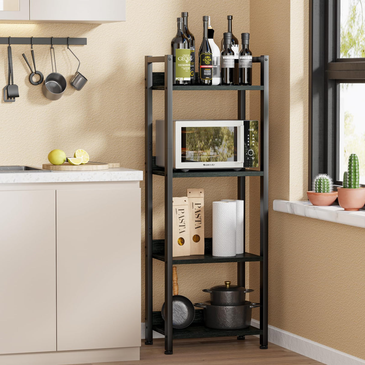 Furologee 4 Tier Bookshelf with Drawer, Small Narrow Bookcase, Wood and Metal Standing Shelf Unit, Industrial Display Storage Shelves Organizer for Bedroom, Living Room, Entryway, Black Furologee