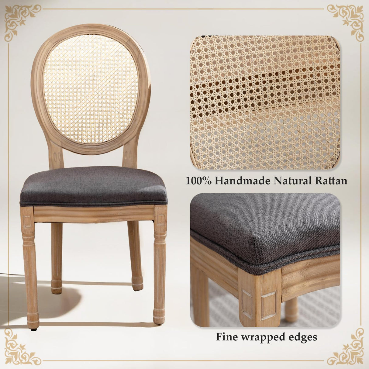 SoarFlash French Dining Chairs Set of 2, Vantage Dining Chair with Round Back, Wood Leg Farmhouse Country Rattan Dining Chair for Kitchen,Bedroom,Deep Grey SoarFlash