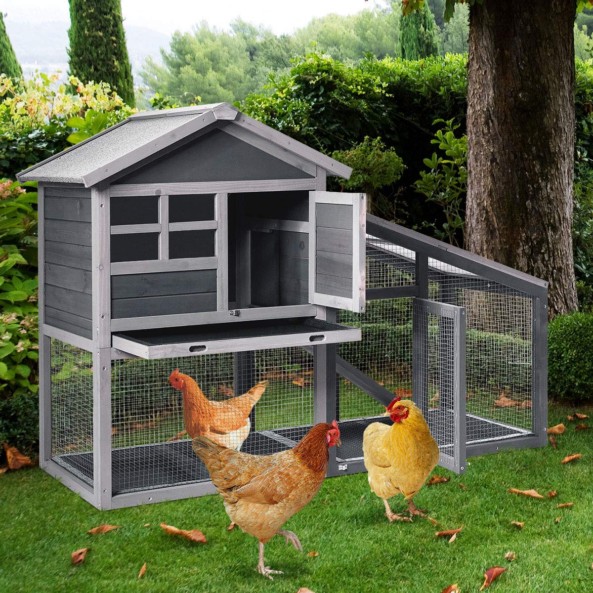Tangkula Rabbit Hutch Indoor Outdoor, Wooden Chicken Coop, Bunny Hutch with Run, Ventilation Door, Removable Tray, Ramp, Sunlight Panel, Backyard Garden Animals Pet Cage (Gray) Tangkula