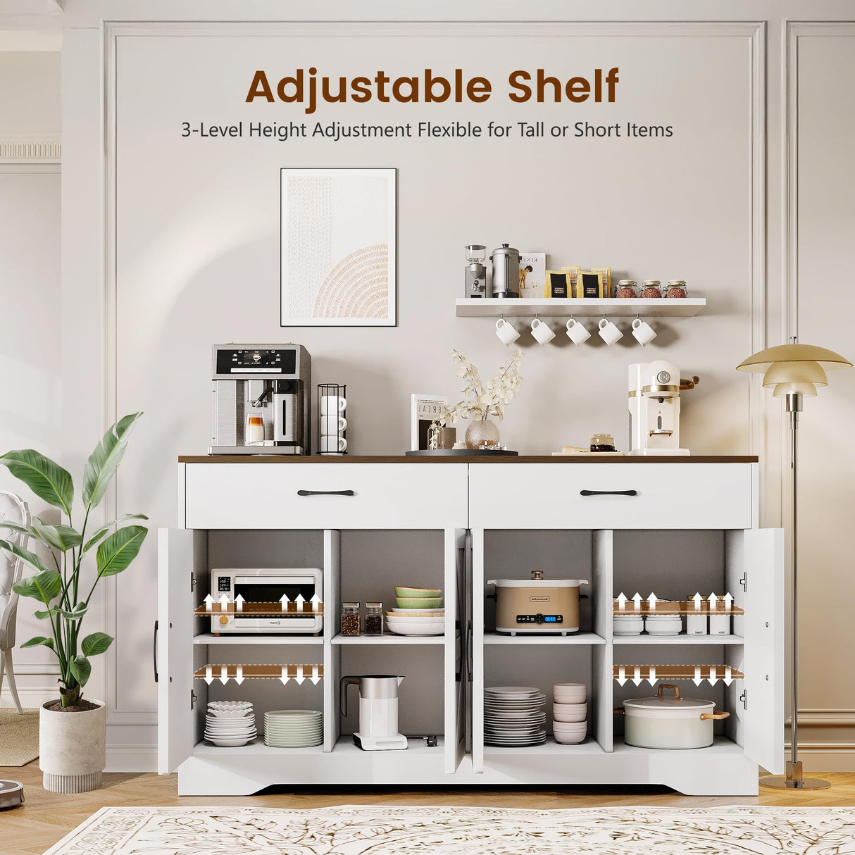 55" Sideboard Buffet Cabinet with Storage, Large Kitchen Storage Sideboard with Drawers & Doors, Modern Wood Farmhouse Coffee Bar Cabinet, Buffet Table for Kitchen, Dining Room, Living Room, White GRUSIGN