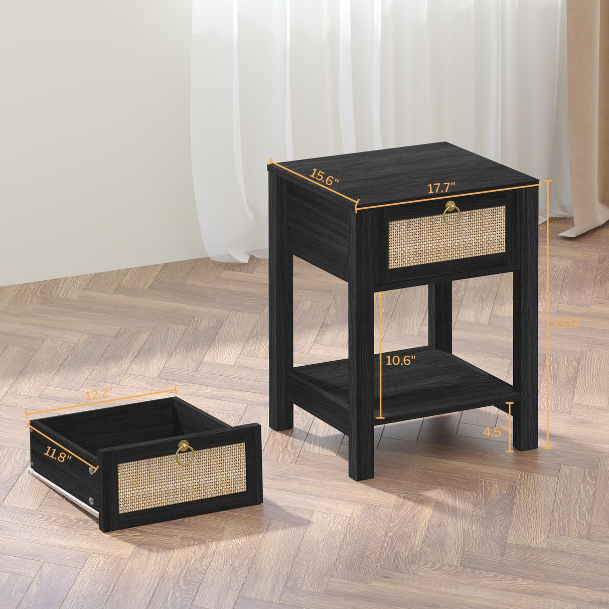 SICOTAS Black Nightstand Set of 2 - Rattan Decor Drawer with Brass Knobs Night Stand Wood Bedside Table Boho End Tables Side Tables with Storage Shelf SICOTAS