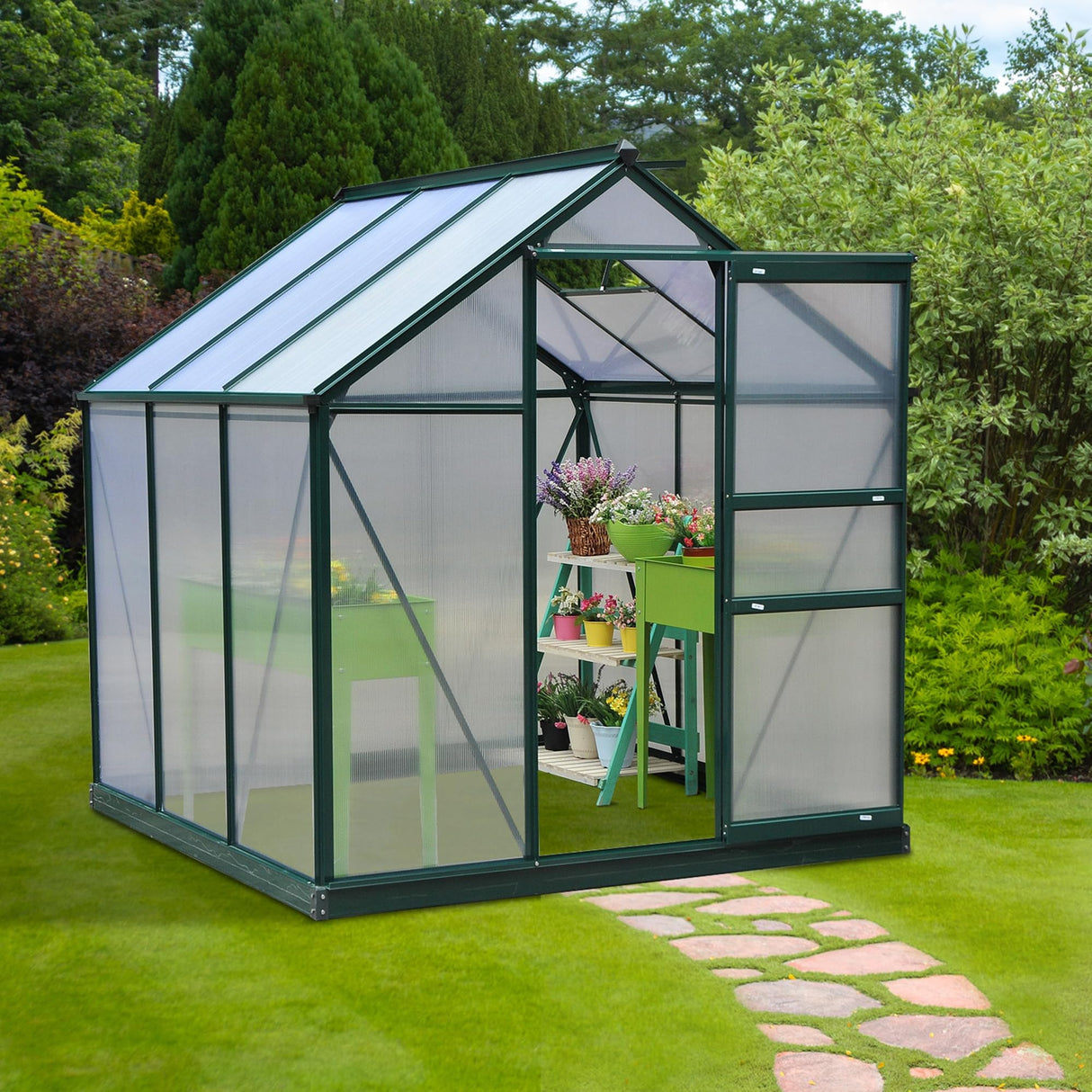 Outsunny 6' x 6' x 6.5' Polycarbonate Greenhouse, Heavy Duty Outdoor Aluminum Walk-in Green House Kit with Rain Gutter, Vent and Door for Backyard Garden, Dark Green Outsunny