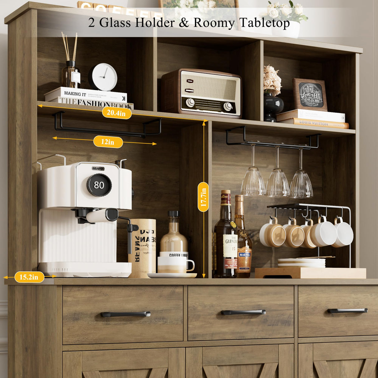HOSTACK Buffet Cabinet with Hutch, Modern Farmhouse Kitchen Buffet Sideboard Storage Cabinet with 3 Drawers, Barn Door Coffee Bar Station, Liquor Cabinet for Dining Room, Living Room, Rustic Brown HOSTACK